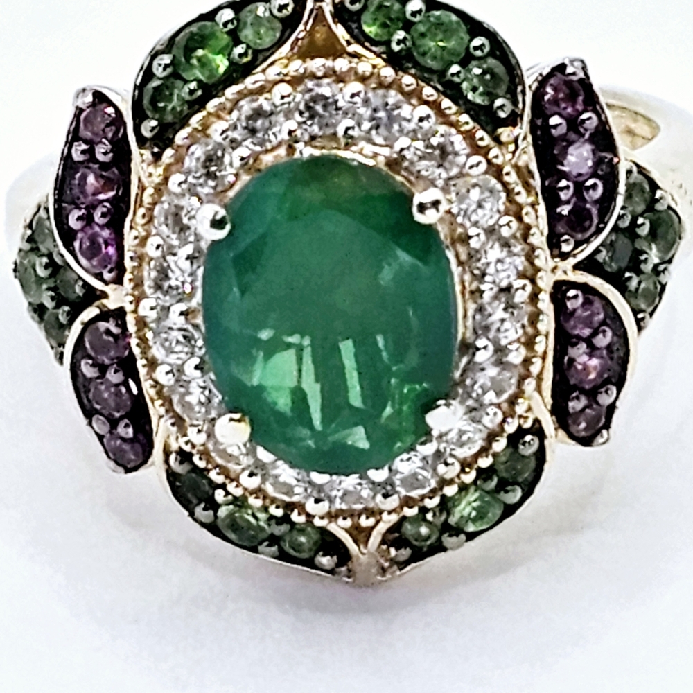 Genuine Green Opal, Chrome Diopside, Garnet, & Diamond Ring 18k/925 Sz 6.75 - Picture 4 of 8